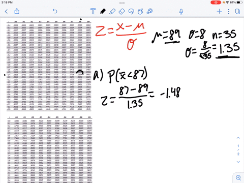 a-normal-population-has-a-mean-of-89-and-a-standard-deviation-of-8-you-select-a-sample-of-35-use-appendix-b1-for-the-z-values-compute-the-probability-that-the-sample-mean-is-round-the-z-valu-27086