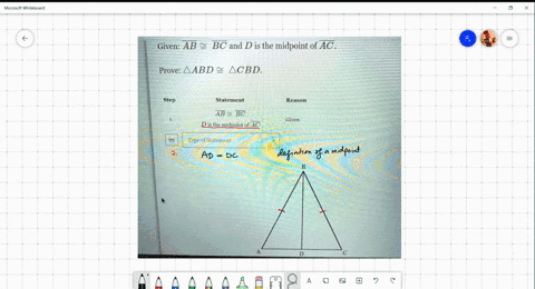 given-ab-bc-and-dis-the-midpoint-of-ac-prove-aabd-acbd-step-statement-reason-ab-bc-given-d-is-the-midpoint-of-ac-type-of-statement-44724