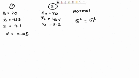 two-samples-each-of-size-20-are-taken-from-independent-populations-assumed-to-be-normally-distributed-with-equal-variances-the-first-sample-has-a-mean-of-435-and-standard-deviation-of-41-whi-31048