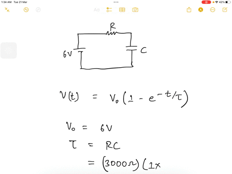 a-simple-rc-circuit-consists-of-a-1-microf-capacitor-in-series-with-a-3000-ohm-resistor-connected-to-a-6v-battery-and-an-open-switch-initially-the-capacitor-is-discharged-once-the-switch-is-72618