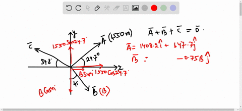displacement-vectors-a-b-and-c-add-up-to-a-total-of-zero-vector-a-has-a-magnitude-of-1550-m-and-a-direction-of-247a-north-of-east-vector-b-has-a-direction-of-410a-east-of-south-and-vector-c-has-a-dire