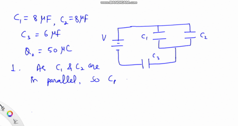three-capacitors-with-capacitances-c1-8uf-c2-8-pfand-c3-6-uf-are-connected-in-a-circuit-as-shown-in-the-figure-with-an-applied-potential-of-v-through-the-battery-after-the-charges-on-the-cap-34036