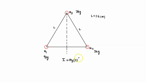 three-light-rods-of-negligible-mass-are-joined-to-form-an-equilaterab-triangle-of-length-160-m-three-masses-m1-fixed-to-the-vertices-of-this-triangle-as-shown-in-the-diagram-below-treat-the-97363