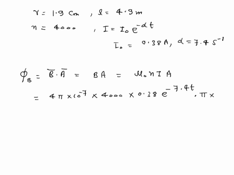 a-cylinder-with-an-19-cm-radius-and-a-length-of-49-m-is-tightly-wrapped-with-4000-turns-of-wire-the-current-in-the-wire-is-decaying-according-to-i-i0-e-t-with-i0-038-a-and-74-s1-a-coil-of-45-01008