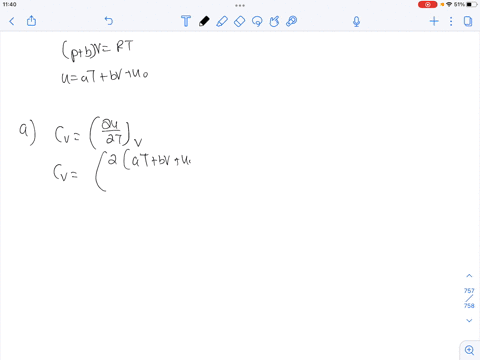 the-equation-of-state-for-1mol-of-a-certain-gas-is-pbvrt-and-its-internal-energy-is-given-by-uatbvu_0-where-a-b-and-u-are-constants-a-find-c_v-b-find-c_p-c_v-express-your-answers-in-terms-of-98149