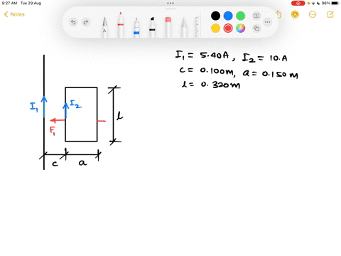 in-the-figure-below-the-current-in-the-long-straight-wire-is-ii-540-a-and-the-wire-lies-in-the-plane-of-the-rectangular-loop-which-carries-curent-iz-100-a-the-dimensions-in-the-figure-are-c-62392