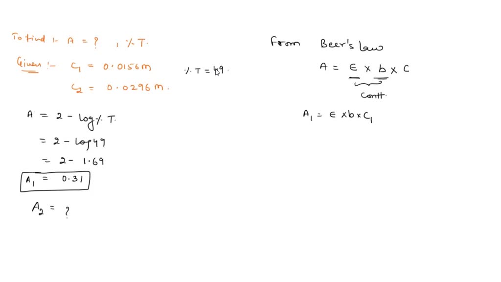 SOLVED: What absorbance value corresponds to 49.0% T? A 0.0156 M ...