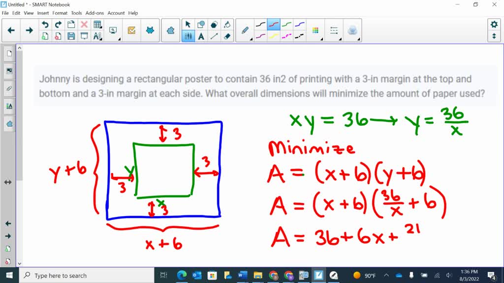 SOLVED Johnny is designing a rectangular poster to contain 36 in2 of