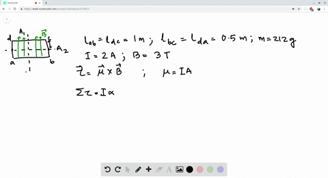 a-uniform-rectangular-coil-of-total-mass-212-g-and-dimensions-0500-m-times-100-m-is-oriented-with-its-plane-parallel-to-a-uniform-300-t-magnetic-field-textbffig-e2743-a-current-of-200-a-is-suddenly-st