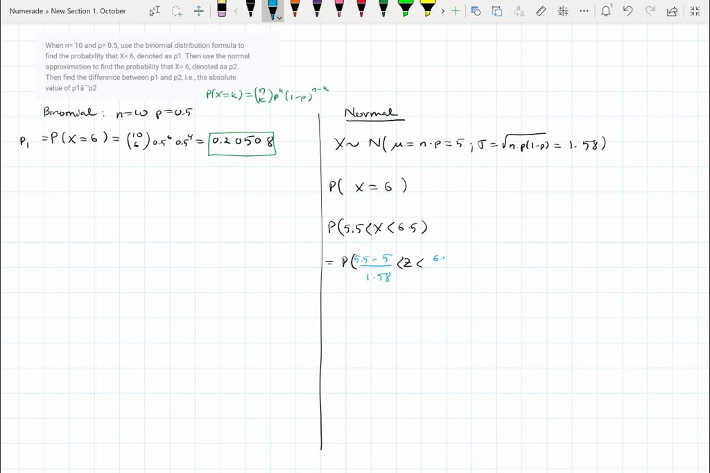 SOLVED: When n = 10 and p = 0.5, use the binomial distribution formula ...