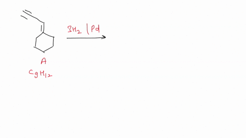 1-compound-a-c9h12-absorbs-3-equivalents-of-h2-on-catalytic-hydrogenation-over-palladium-catalyst-to-give-b-c9h18-on-the-treatment-with-acidic-kmno4-compound-a-gives-among-other-things-a-ket-37686