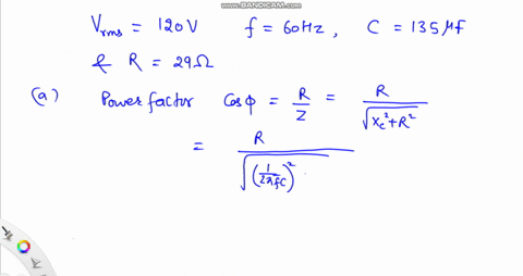 an-ac-source-with-an-rms-voltage-of-120-v-at-600-hz-is-connected-in-series-with-a-capacitor-c-135-f-and-a-resistor-r-290-a-determine-the-power-factor-b-determine-the-value-of-the-inductance-needed-to-