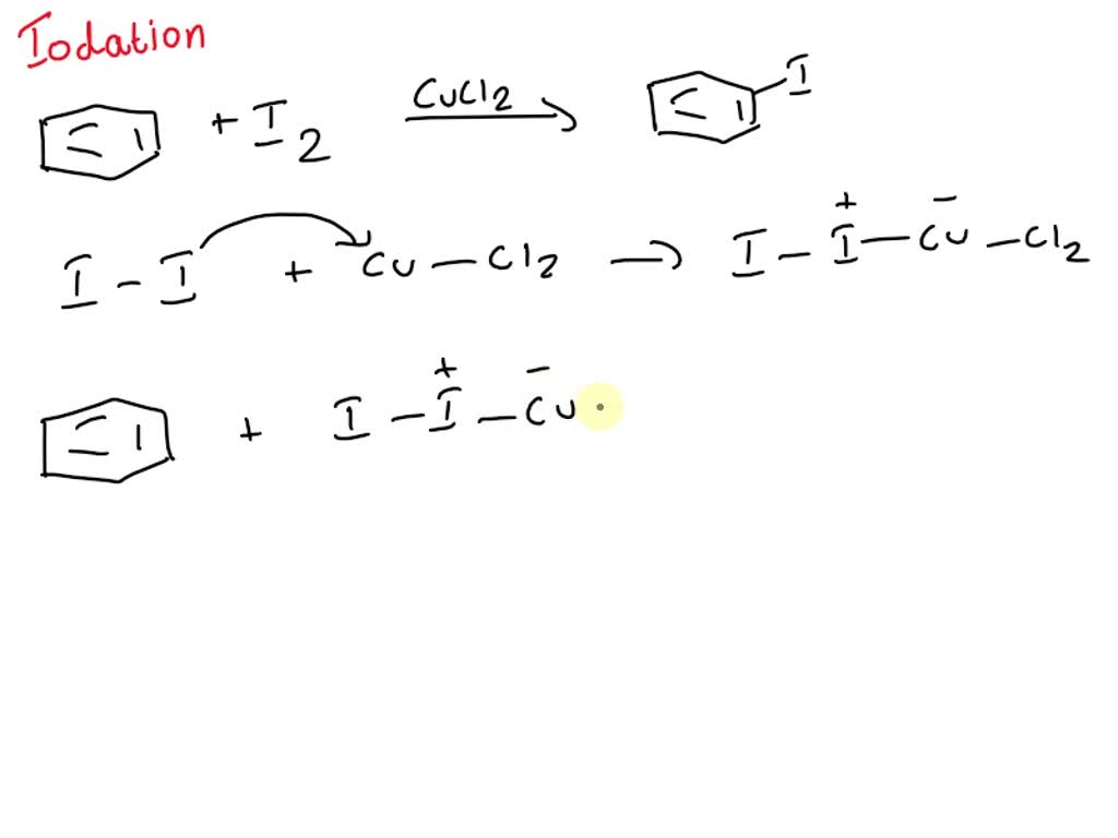 when benzene is treated with i2 in the presence of cucl2 iodination of the  ring is achieved with modest yields it is believed that cucl2 interacts  with i2 to generate i which