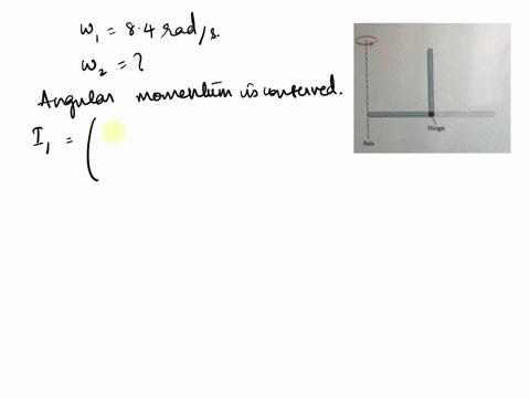 a-thin-uniform-rod-is-hinged-at-its-midpoint-to-begin-with-one-half-of-the-rod-is-bent-upward-and-is-perpendicular-to-the-other-half-this-bent-object-is-rotating-at-an-angular-velocity-of-84-33365