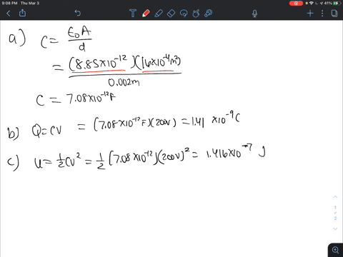 a-capacitor-consists-of-two-parallel-plates-each-with-an-area-of-160-cm2-separated-by-a-distance-of-0200-cm-the-material-that-fills-the-volume-between-the-plates-has-a-dielectric-constant-of-72449