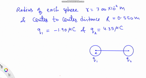 two-small-insulating-spheres-with-radius-0ox10-2-m-are-separated-by-a-large-center-to-center-distance-of-0550-m-one-sphere-is-negatively-charged-with-net-charge-190-pc-and-the-other-sphere-i-79965