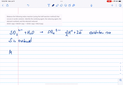 balance-the-following-redox-reaction-using-the-half-reaction-method-that-occurs-in-acidic-solution-identify-the-oxidizing-agent-the-reducing-agent-the-element-oxidized-and-the-element-reduced-so32aq-m