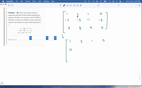 solve-the-system-of-linear-equations-using-the-gauss-jordan-elimination-method-if-there-is-no-solution-enter-none-in-all-blocks-if-there-are-infinitely-many-solutions-express-your-answer-in-terms-of-t