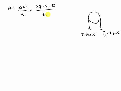 12-a-large-pulley-of-mass-521-kg-its-mass-cannot-be-neglected-is-rotated-by-a-constant-tension-force-of-196-n-in-the-counterclockwise-direction-the-rotation-is-resisted-by-the-frictional-tor-04445