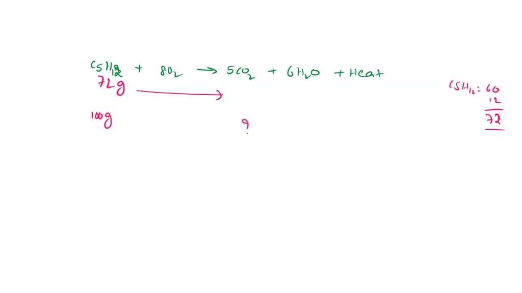 SOLVED: Given the balanced equation C5H12 + 8O2 â†’ 5CO2 + 6H2O + Heat ...