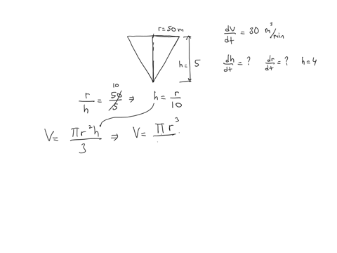 water-is-flowing-at-the-rate-of-30-m3-min-from-a-shallow-concrete-conical-reservoir-vertex-down-of-base-radius-50-m-and-height-5-m-a-how-fast-centimeters-per-minute-is-the-water-level-fallin-93121