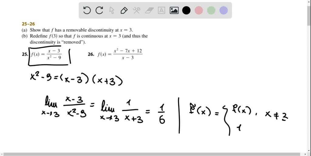 SOLUTION: Create a function y=f(x) that has a removable discontinuity at  x=2 and a non-removable discontinuity x=3.