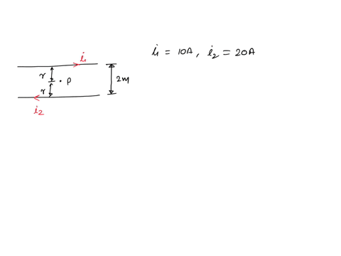 calculate-the-net-magnetic-field-magnitude-and-direction-at-the-midpoint-between-two-parallel-wires-carrying-current-in-the-in-the-opposite-direction-with-i110-a-and-i2-20a-if-the-two-wires-83366