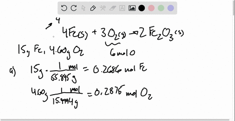 iron-fe-reacts-with-oxygen-in-the-air-o2-to-form-ironiii-oxide-fe2o3-according-to-the-equation-4fes-3o2g-2fe2o3s-during-an-investigation-150-g-of-iron-was-reacted-with-460g-oxygen-a-which-is-the-limit