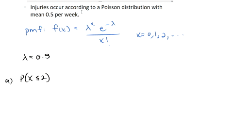 the-number-of-injuries-per-working-week-in-particular-factory-is-known-to-follow-poisson-distribution-with-mean-05-find-the-probability-that-in-particular-week-there-will-be-a-at-most-2-acci-47924