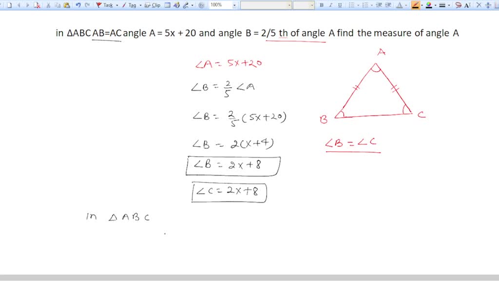 SOLVED: In âˆ†ABC, AB = AC. Angle A = 5x + 20 And Angle B = 2/5 Of ...