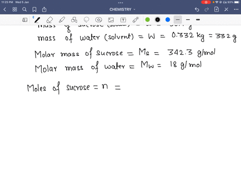 by-dissolving-504-g-of-sucrose-c12h22o11-in-0332-kg-of-water-a-solution-with-a-volume-of-355-ml-was-formed-calculate-each-of-the-following-terms-a-molarity-of-the-solution-b-mole-fraction-of-39162