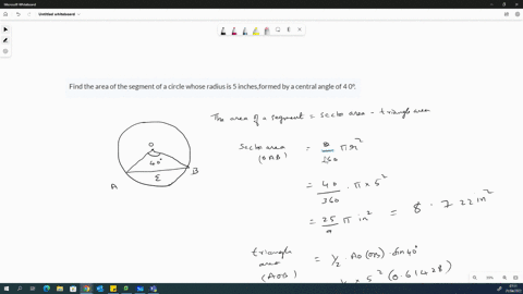 find-the-area-of-the-segment-of-a-circle-whose-radius-is-5-inchesformed-by-a-central-angle-of-4-0-76378
