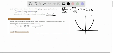 use-greens-theorem-to-evaluate-the-line-integral-along-the-given-positively-oriented-curve_-6y-6e-11x-cosy2-is-the-boundary-of-the-region-enclosed-by-the-parabolas-y-x2-and-x-y2-we-note-that-76817