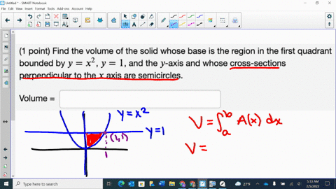 1-point-find-the-volume-of-the-solid-whose-base-is-the-region-in-the-first-quadrant-bounded-by-y-x2y-1and-the-y-axis-and-whose-cross-sections-perpendicular-to-the-x-axis-are-semicircles-volu-86305