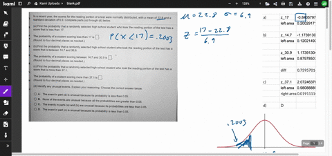 in-a-recent-year-the-scores-for-the-reading-portion-of-a-test-were-normally-distributed-with-a-mean-of-228-and-a-standard-deviation-of-69-complete-parts-a-through-d-below-a-find-the-probabil-54867