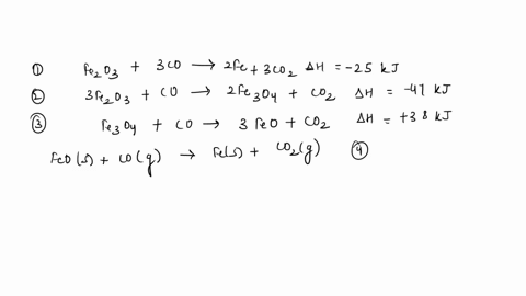 from-the-following-three-thermochemical-equations-fe2o3s-3cog-2fes-3co2g-h-25-kj-3fe2o3s-cog-2fe3o4s-co2g-h-47-kj-fe3o4s-cog-3feos-co2g-h-38-kj-calculate-the-enthalpy-change-for-the-reaction-37395
