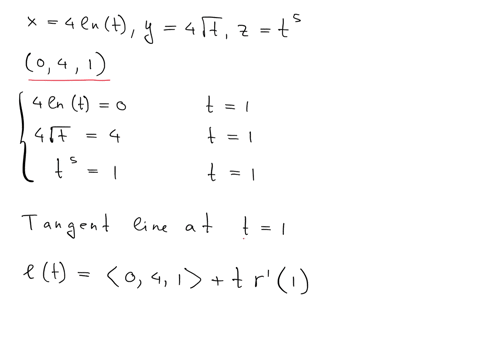 find-parametric-equations-for-the-tangent-line-to-the-curve-with-the-given-parametric-equations-at-the-specified-point-x-4-lnt-y-4sqrtt-z-t5-0-4-1-24447