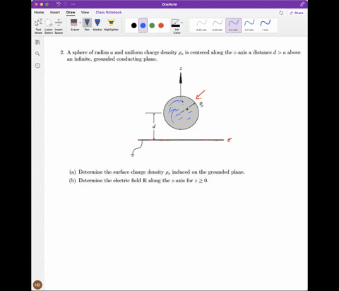 a-sphere-of-radius-and-uniform-charge-density-pe-is-centered-along-the-z-axis-distance-d-above-infinite-grounded-conducting-plane-determine-the-surface-charge-density-pa-induced-on-the-groun-17006