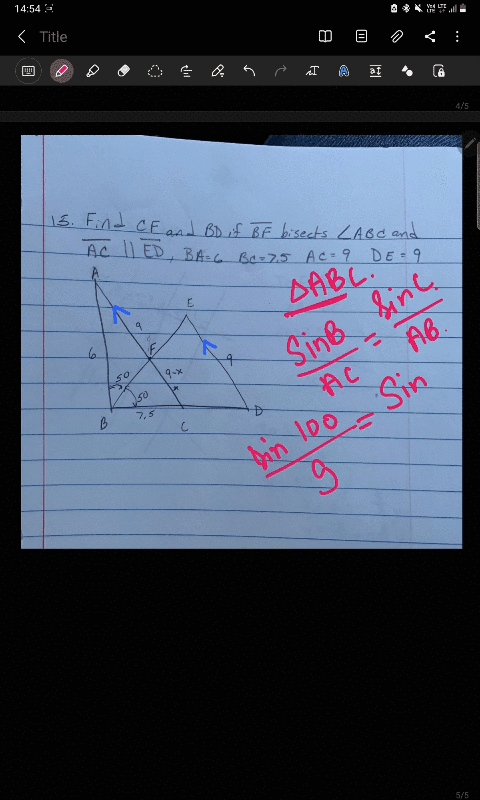 find-cf-and-bd-if-bf-bisects-angle-abc-and-ac-is-parallel-to-ed-ba6-bc75-ac9-and-de9-angle-abc100-degrees