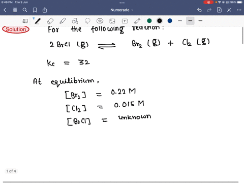 for-the-following-reaction-2brclg-5-br2g-cl2g-kc-32-at-500-k-at-equilibrium-the-concentration-of-br2-is-022-m-and-of-cl2-is-0015-m-calculate-the-equilibrium-concentration-of-brcl-a-00064-m-b-39978