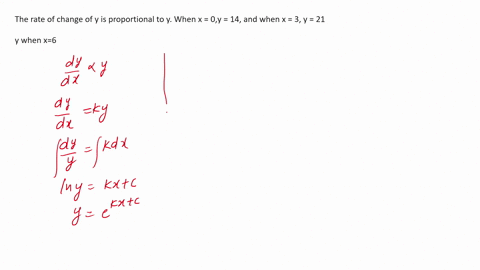 write-and-solve-the-differential-equation-that-models-the-verbal-statement-use-k-for-the-constant-of-proportionality-the-rate-of-change-of-y-is-proportional-to-y-when-x-0y-14-and-when-x-3-y-40825