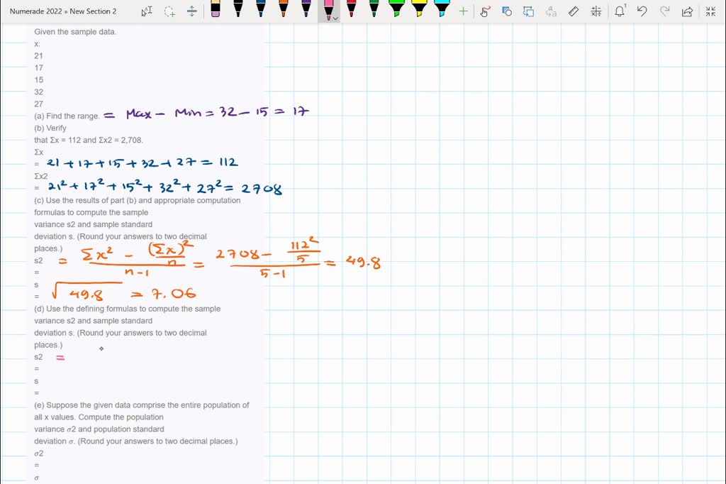 SOLVED: Given The Sample Data. X: 22 16 14 31 26 (a) Find The Range. (b ...