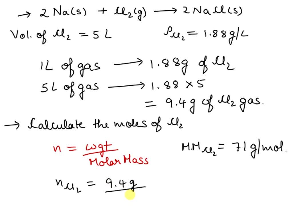 Excess sodium is reacted with 5.00 L of chlorine gas that has a density ...