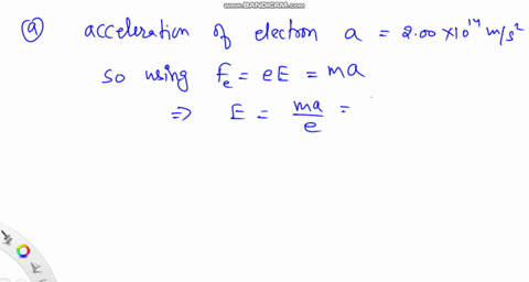 an-electron-released-in-a-region-where-the-electric-field-is-uniform-is-observed-to-have-a-acceleration-of-2-mls-in-the-positive-x-direction-50x10l4-determine-the-magnitude-of-the-electric-f-69887