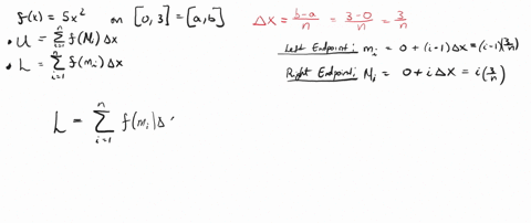 find-the-upper-and-lower-sums-for-the-region-bounded-by-the-graph-of-the-function-and-the-x-axis-on-the-given-interval-leave-your-answer-in-terms-of-n-the-number-of-subintervals-fx-5x2-0-3