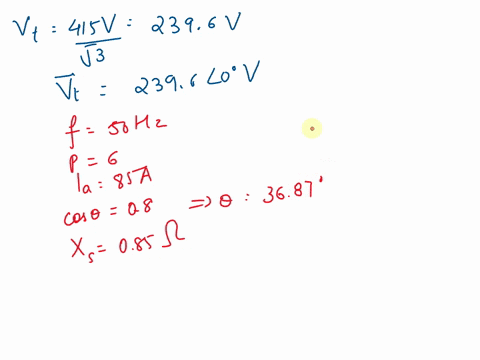 question-5-a-a-415v50hz6-polestar-connectedthree-phase-synchronous-motor-draws-a-line-current-of-85a-at-a-power-factor-of-08-lead-from-an-appropriate-supplythe-machine-has-a-synchronous-reac-69363