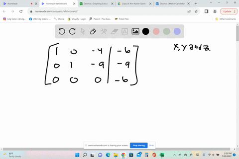 the-matrix-associated-with-the-solution-to-a-system-of-linear-equations-in-x-y-and-z-is-given-write-the-solution-to-the-system-if-it-exists-1-0-4-6-0-1-9-9-0-0-0-6-select-the-correct-choice-63512