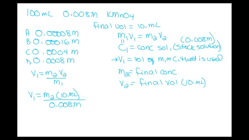 SOLVED A 100 mL stock standard solution of 0.008M KMnO4 will be