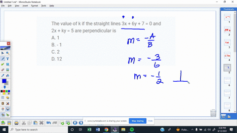 the-value-of-k-if-the-straight-lines-3x-6y-7-0-and-2x-ky-5-are-perpendicular-is-a-1-b-1-c-2-d-12-04306