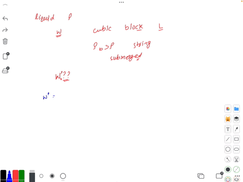 a-liquid-of-density-rho-in-a-container-weighs-w-a-cubic-block-of-side-l-and-density-rho_brho-is-tied-to-a-string-and-is-completely-submerged-into-the-liquid-if-g-is-the-acceleration-due-to-the-gravity